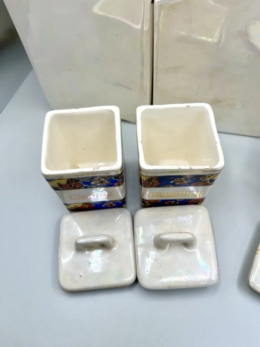 Antique 1930s Czechoslovakia Lusterware Kitchen Canister Spice Set Iridescent